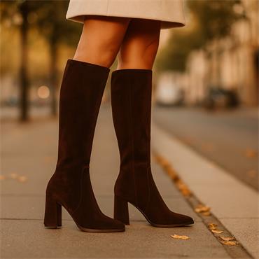 Wonders Aurora High Block Heel Long Boot - Brown Suede